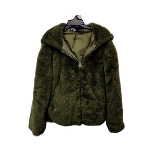 Zara Womens Faux Fur Jacket Faux Fur Hooded Jacket in Olive Green, Small Size