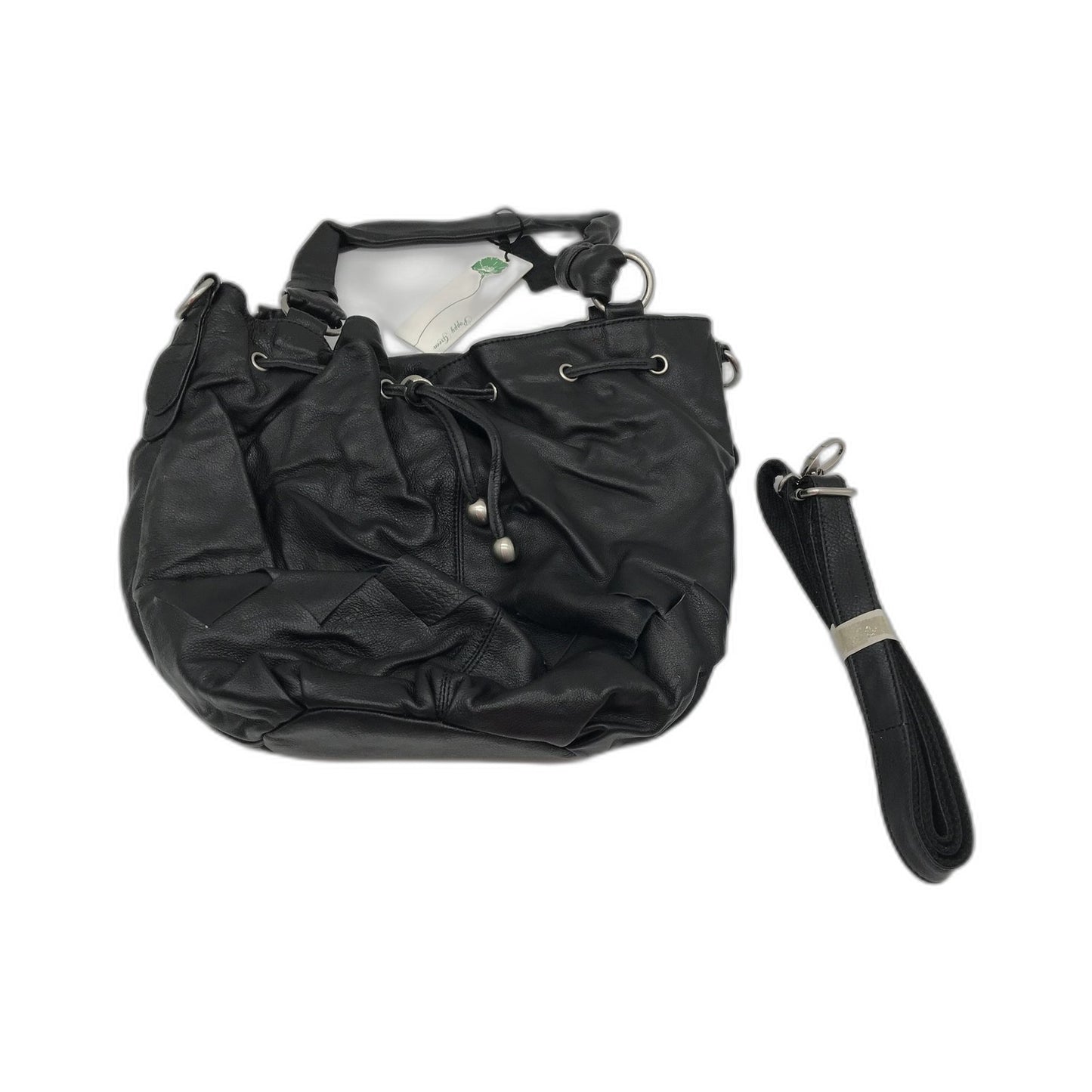 Poppy Green Leather Hobo Bag Black Drawstring Tote Womens Handbag NEW