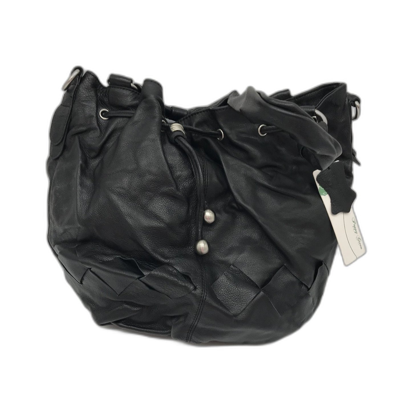 Poppy Green Leather Hobo Bag Black Drawstring Tote Womens Handbag NEW