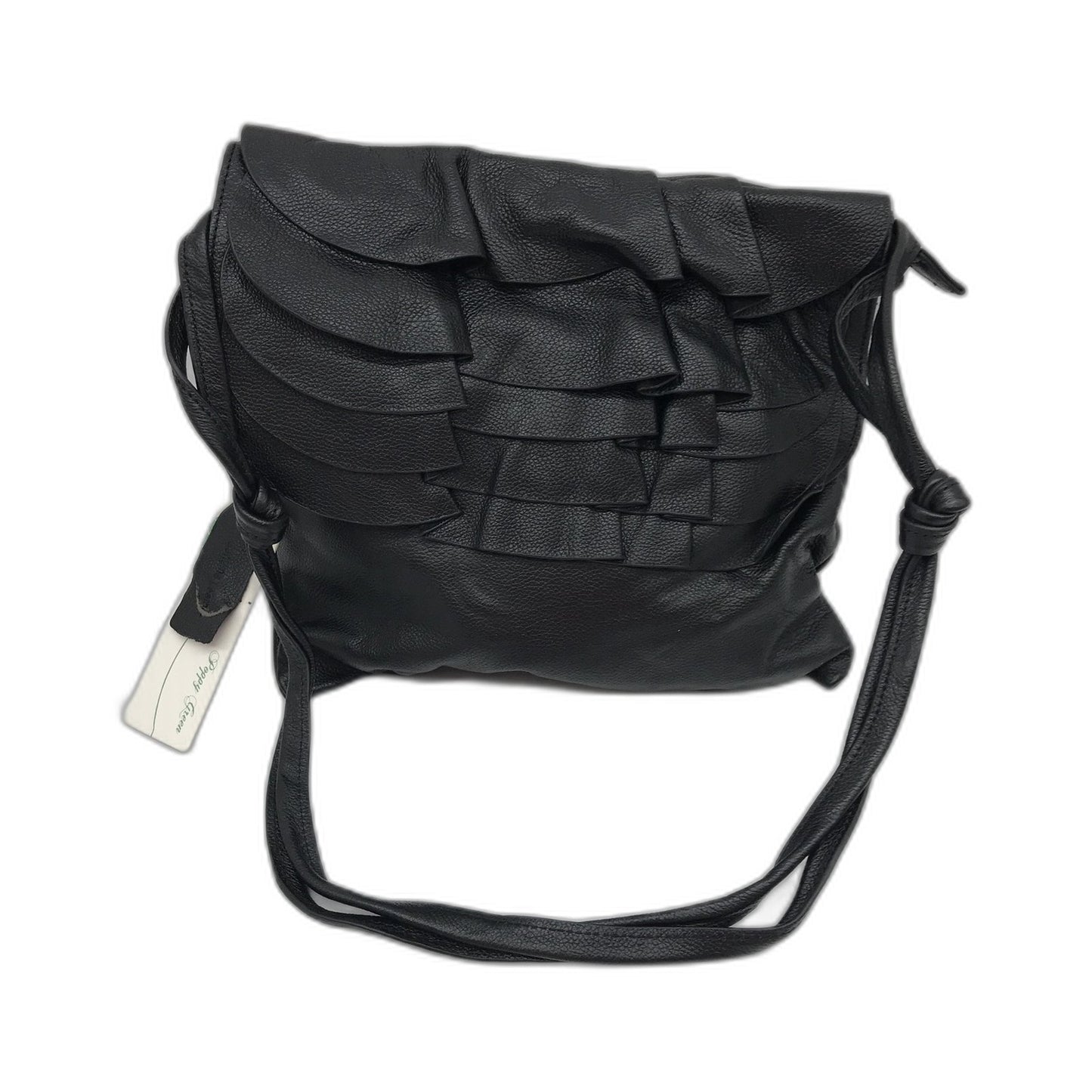 Poppy Green Pleated Leather Crossbody Bag Ruffle Handbag Black NEW
