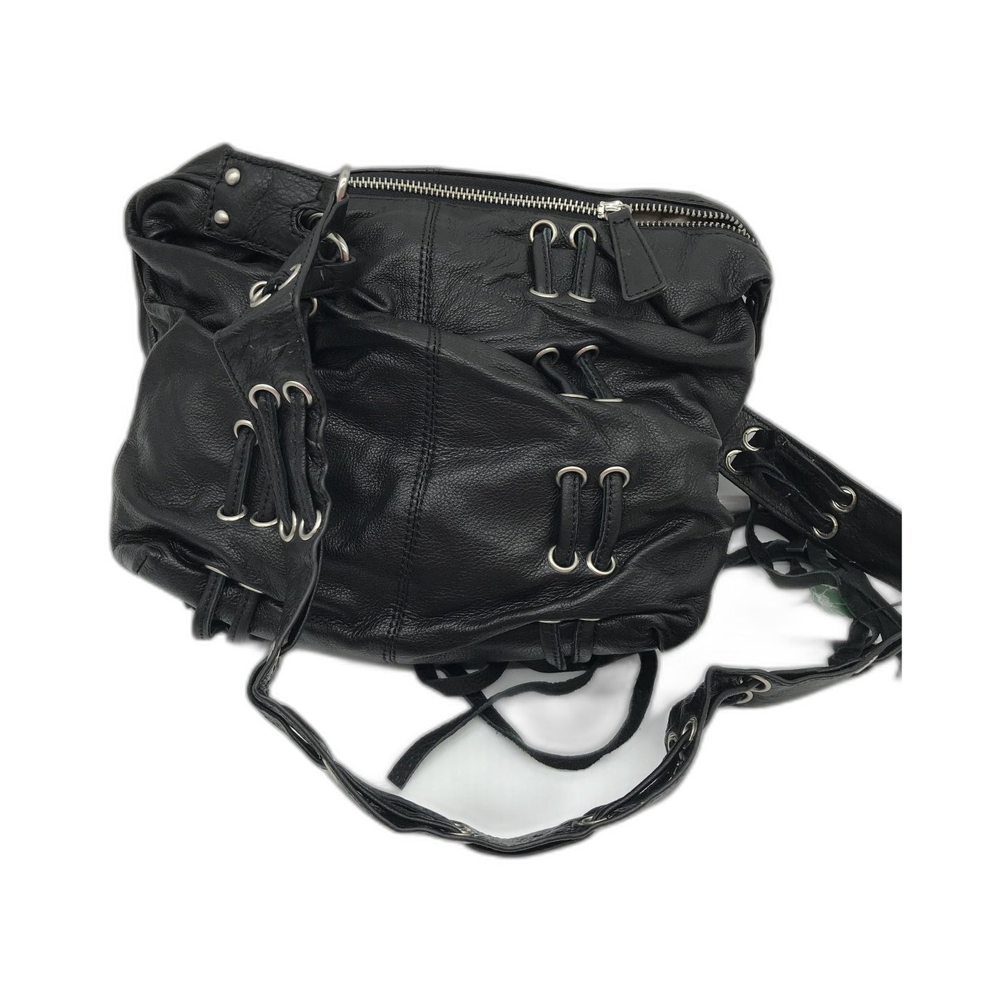 Poppy Green Genuine Leather Zip Up Black Bag With Tassels NEW