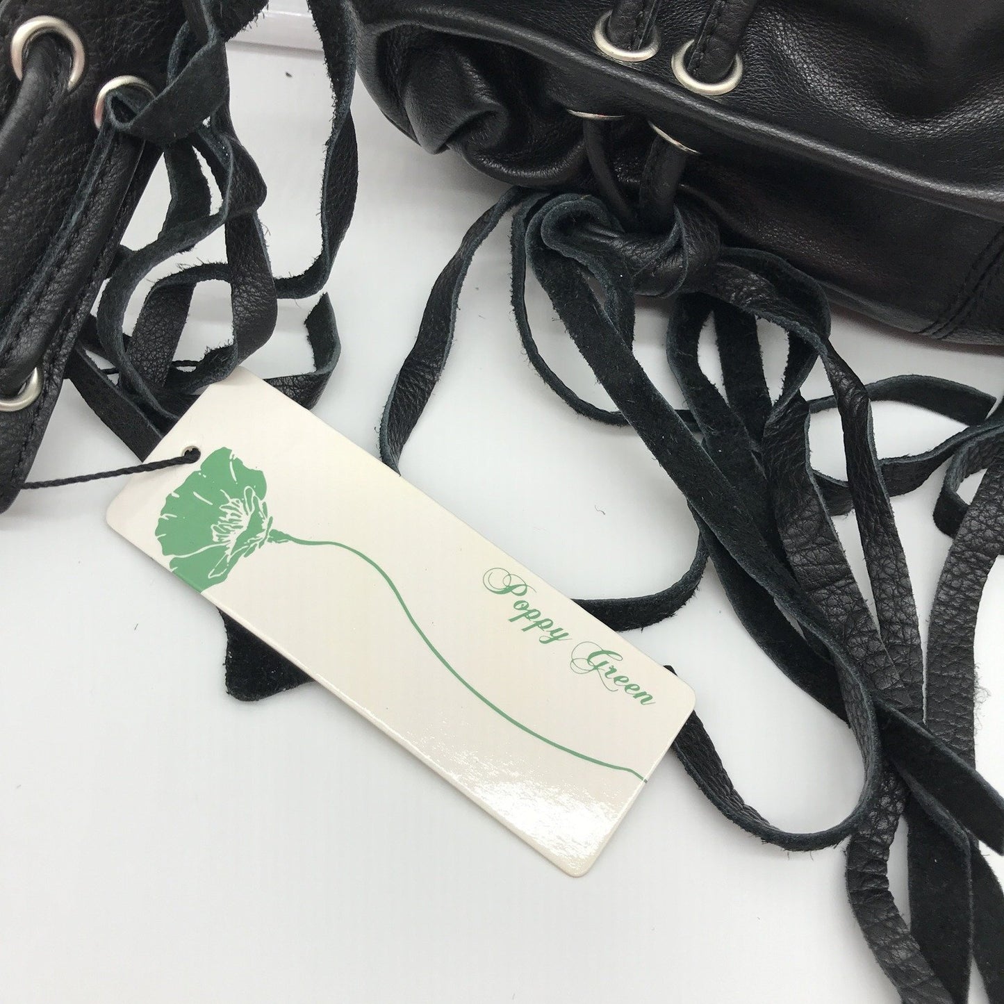 Poppy Green Genuine Leather Zip Up Black Bag With Tassels NEW
