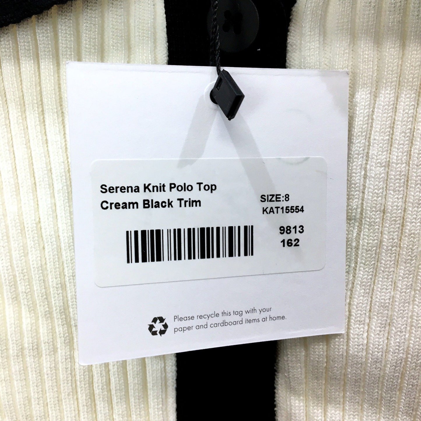 Atmos&Here Womens Serena Knit Polo Top Ribbed Cream with Black Trim Size 8 NEW