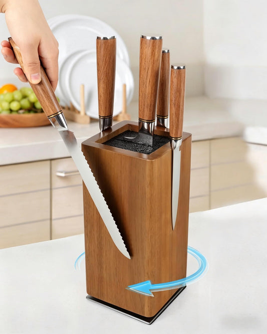 KUCHEASY 360° Rotating Wooden Knife Holder Universal Block Storage Brown NEW