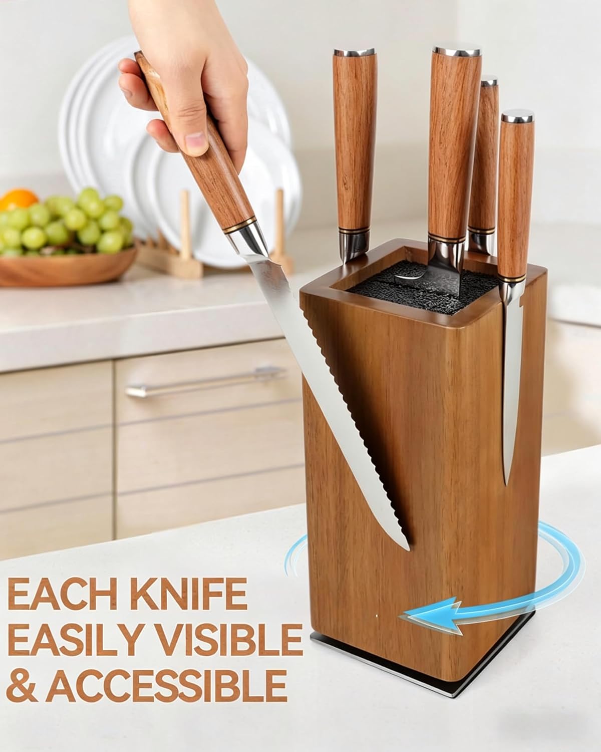 KUCHEASY 360° Rotating Wooden Knife Holder Universal Block Storage Brown NEW