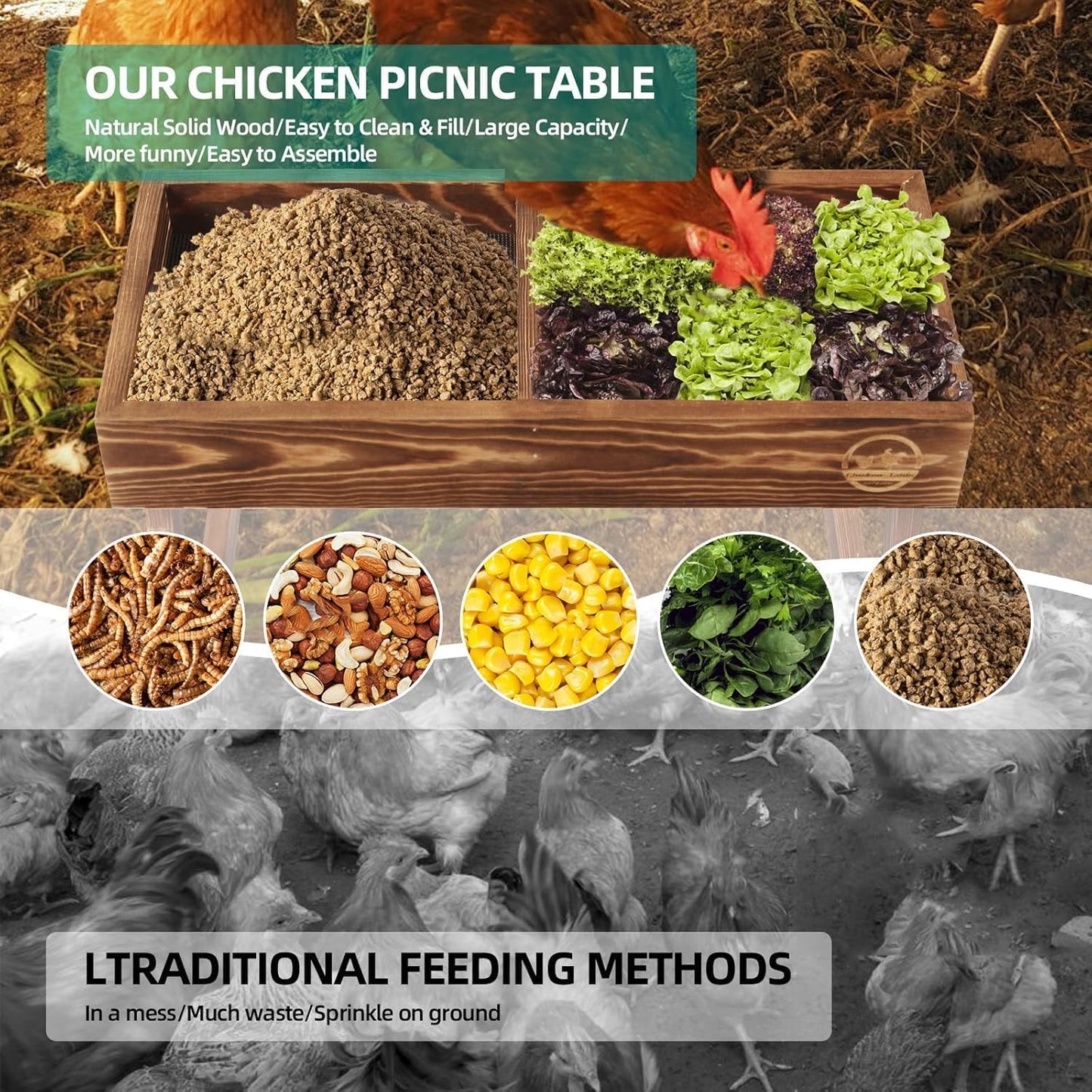 Cozioz Handmade Feeders Chicken Picnic Table Feeder Carbonized Solid Wood DEMO