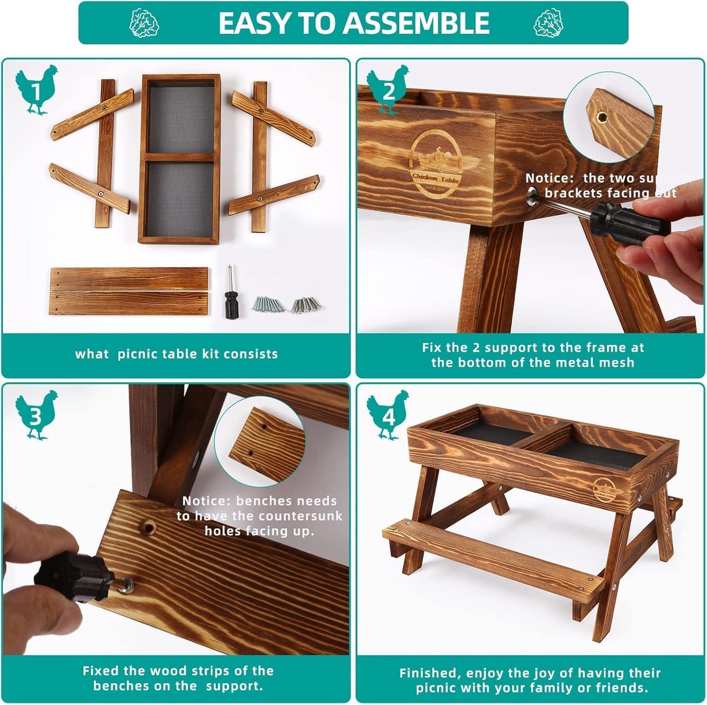 Cozioz Handmade Feeders Chicken Picnic Table Feeder Carbonized Solid Wood DEMO