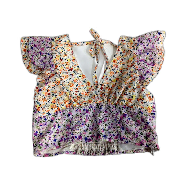 Ghanda Womens Floral Print Ruffle Sleeve Blouse with Elastic Waist, Size M
