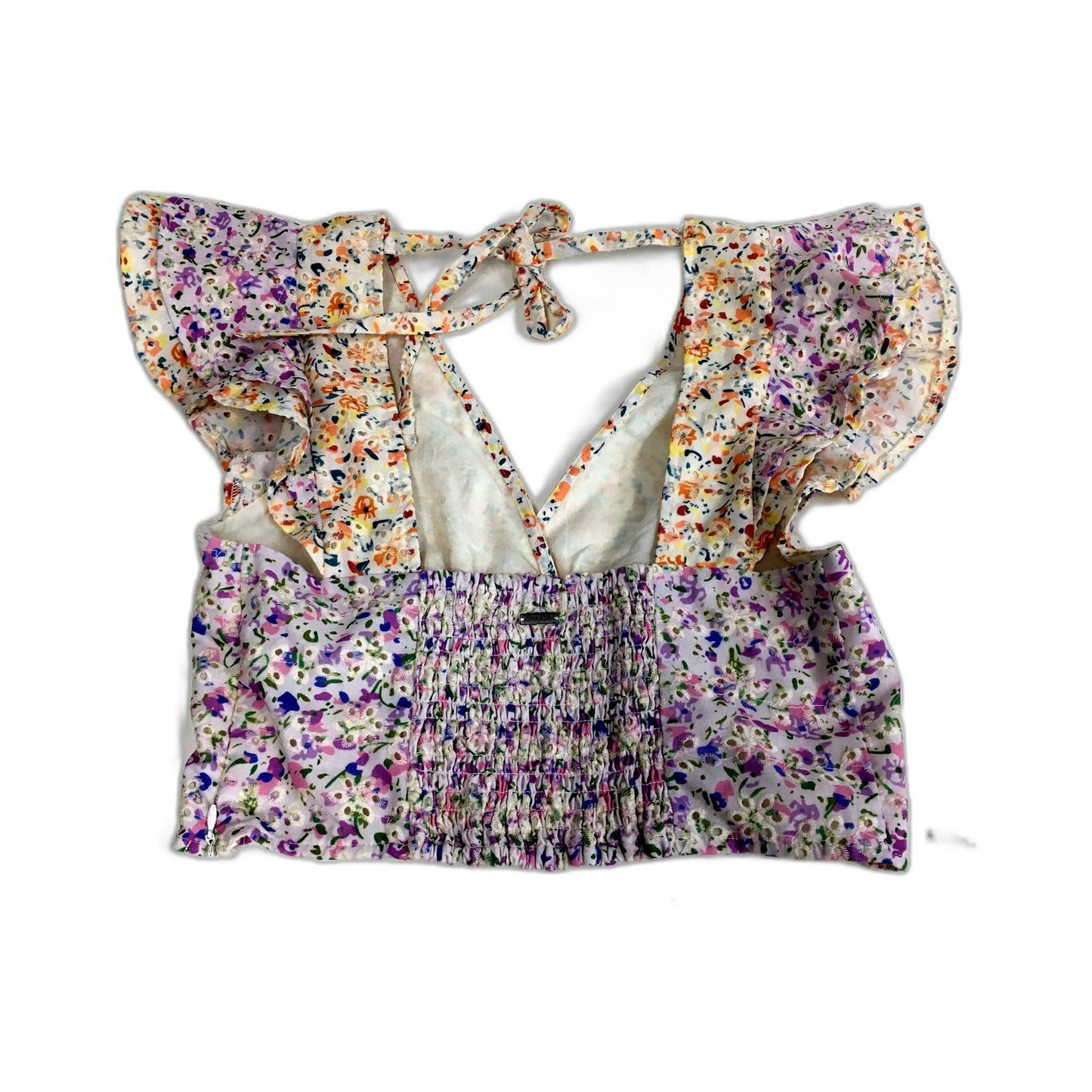 Ghanda Womens Floral Print Ruffle Sleeve Blouse with Elastic Waist, Size M