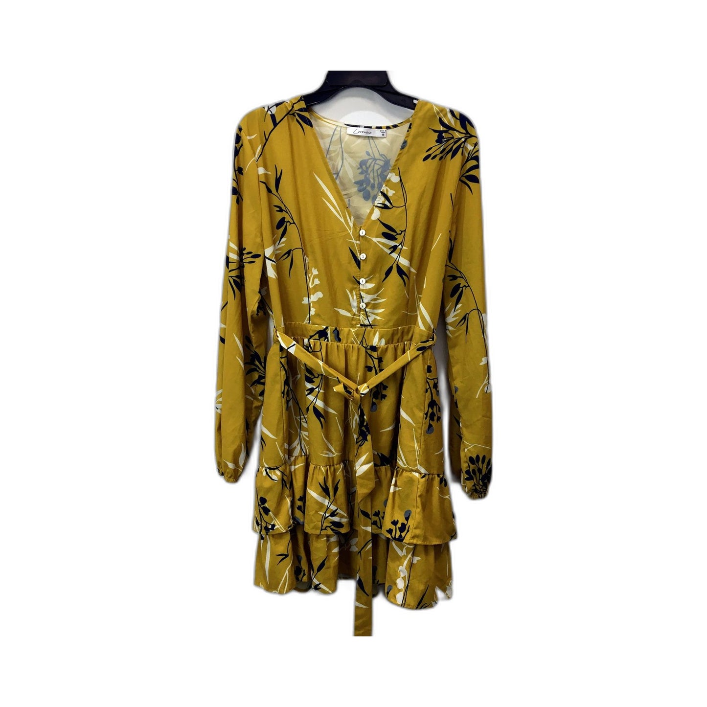 Corraine Womens Floral Print Belted Dress Navy Blue and Yellow Size 16