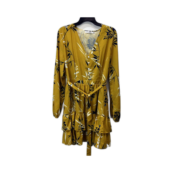 Corraine Womens Floral Print Belted Dress Navy Blue and Yellow Size 16