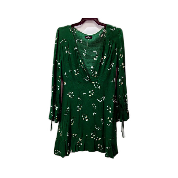 Dotti Womens Floral Print Dress Green Ruched Waist Bell Sleeve Size 10
