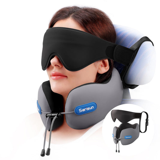SARISUN Neck Support Travel Pillow with Strap Comfortable Memory Foam Grey