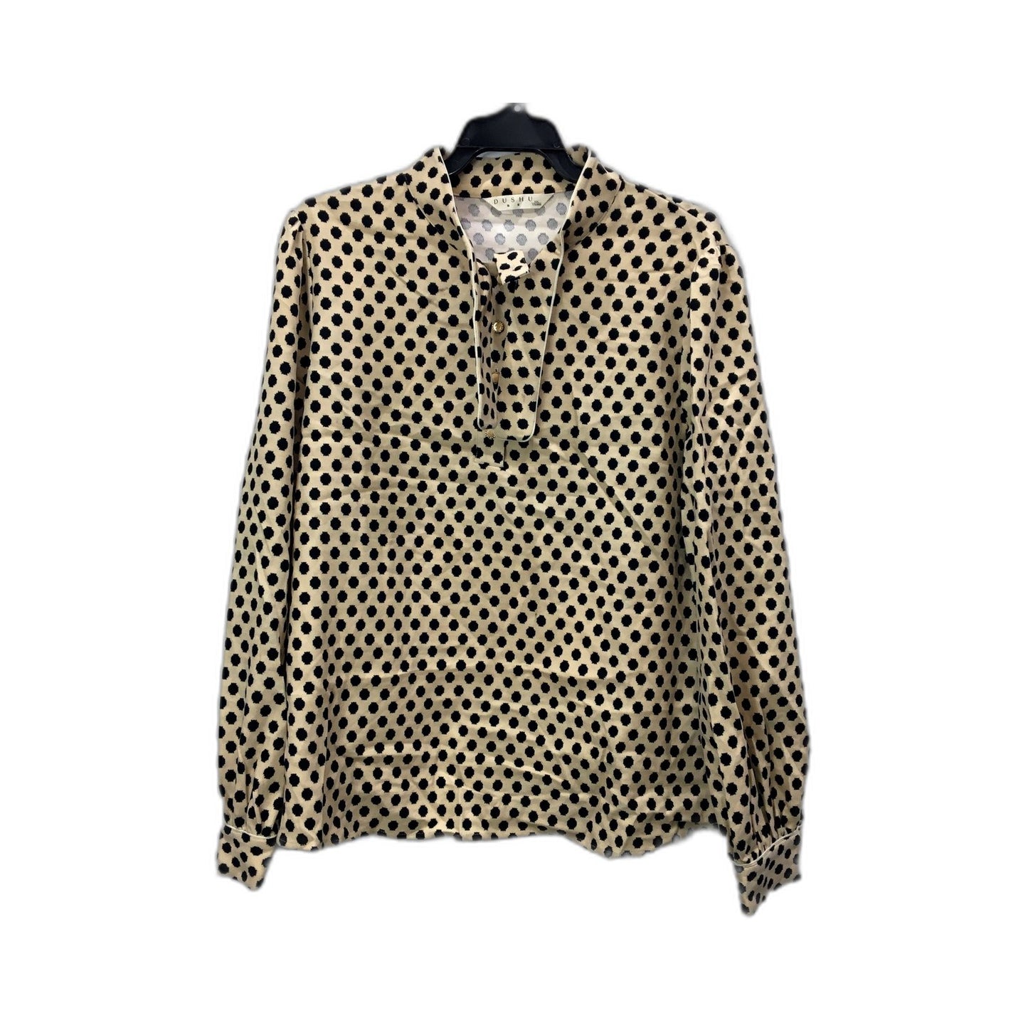 Dushu Womens Polka Dot Button Up Casual Blouse Shirt Beige/Black Size XXL