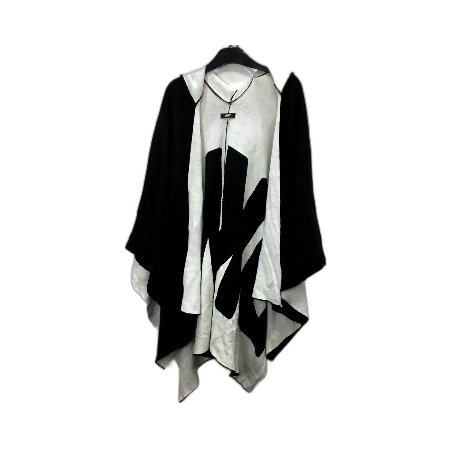 DKNY Womens Oversized Geometric Hooded Poncho Shawl Black and White Size One