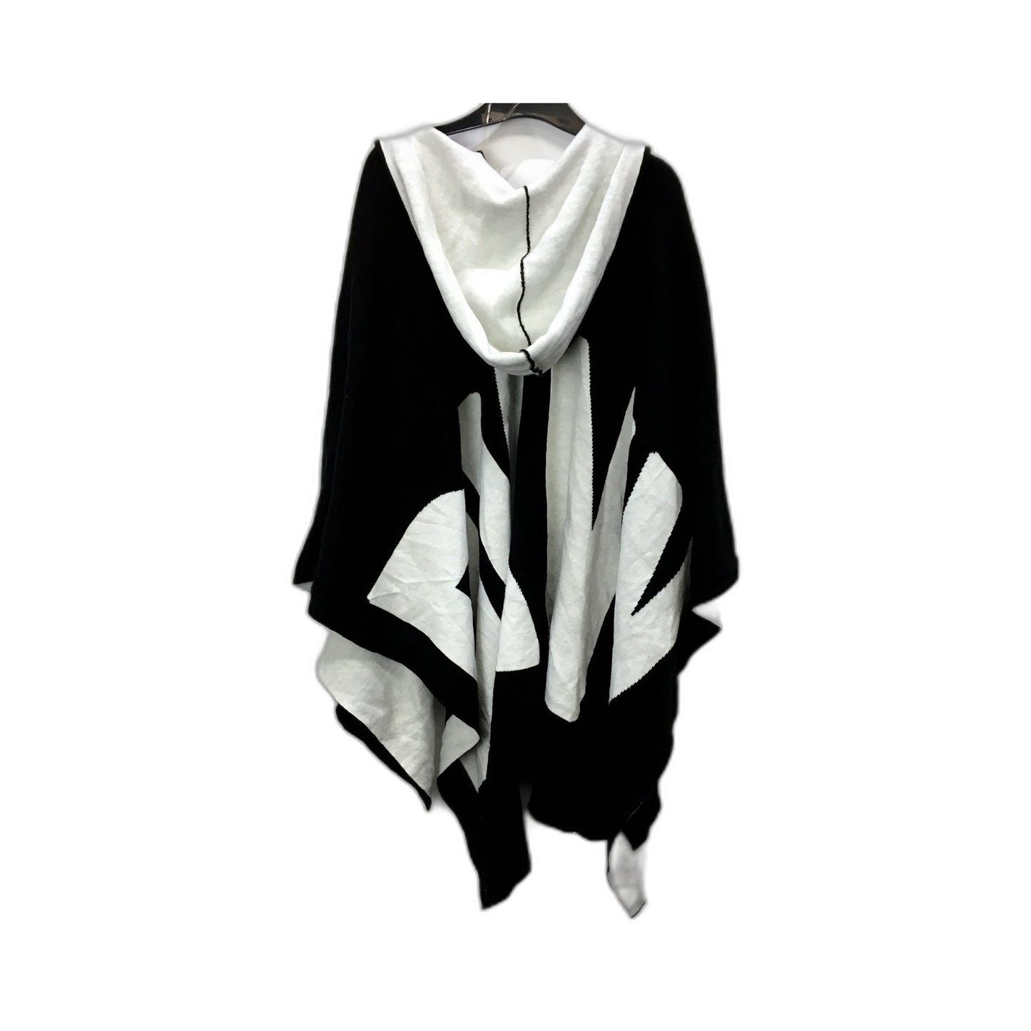 DKNY Womens Oversized Geometric Hooded Poncho Shawl Black and White Size One