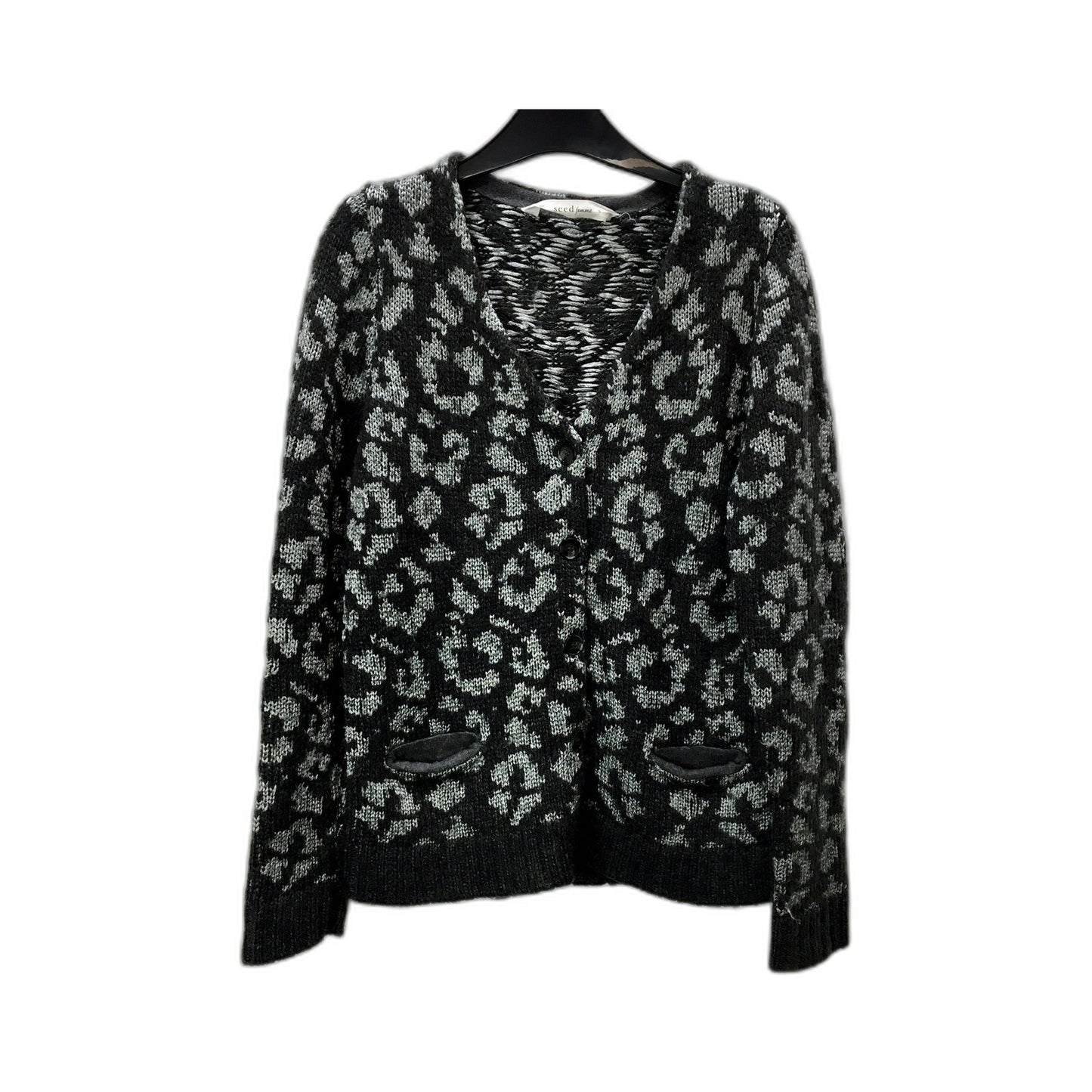 Seed femme Womens Button-Down Sweater Black and Gray Floral Pullover Size Small
