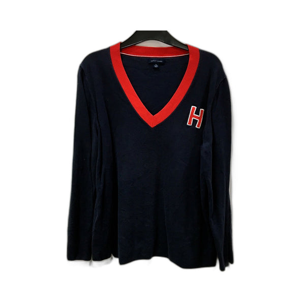 Tommy Hilfiger Mens Pullover Sweatshirt Navy Blue Red Cotton V-Neck Size XL