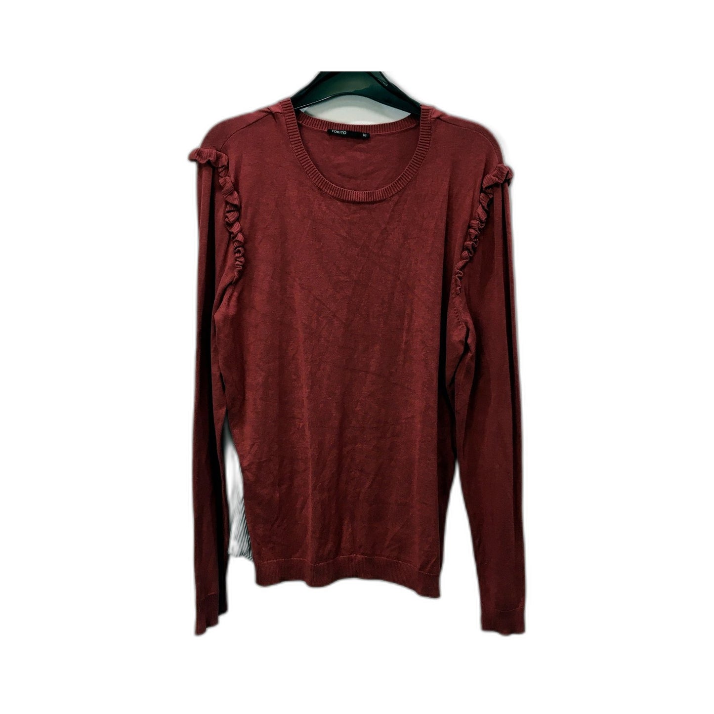 Tokito Womens Longsleeve Knit Shirt Burgundy Ruffle Shoulder Stripe Size 10