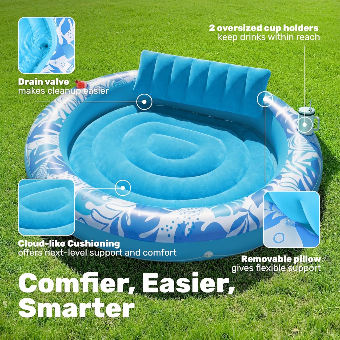Sloosh Inflatable Pools & Water Fun Tanning Pool Lounger Float 72" x 65" NEW
