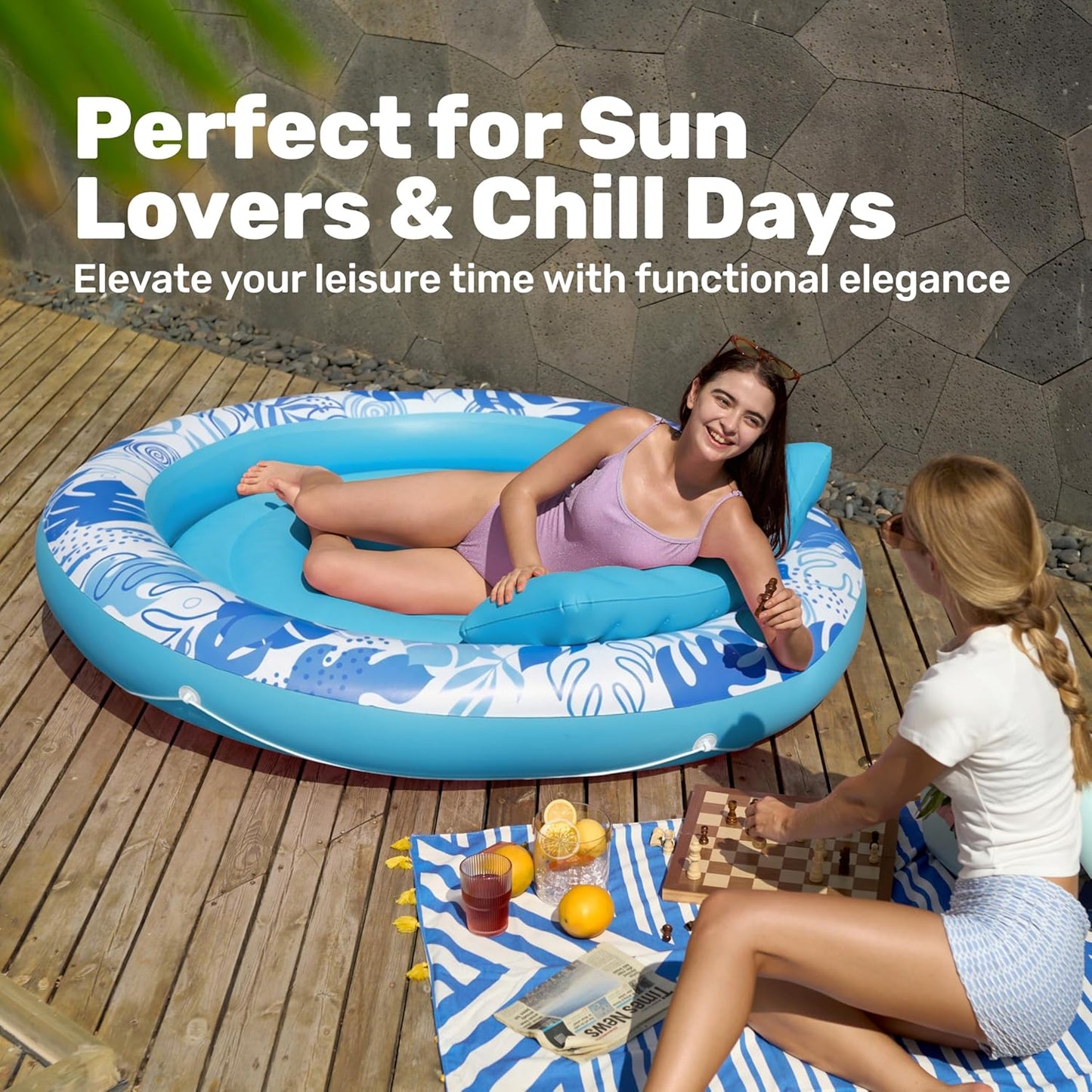 Sloosh Inflatable Pools & Water Fun Tanning Pool Lounger Float 72" x 65" NEW