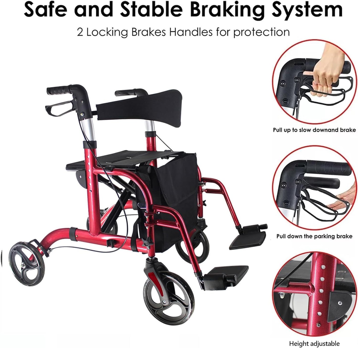 LUVAGD 2-in-1 Wheelchairs Foldable Rollator Wheelchair with Seat DEMO