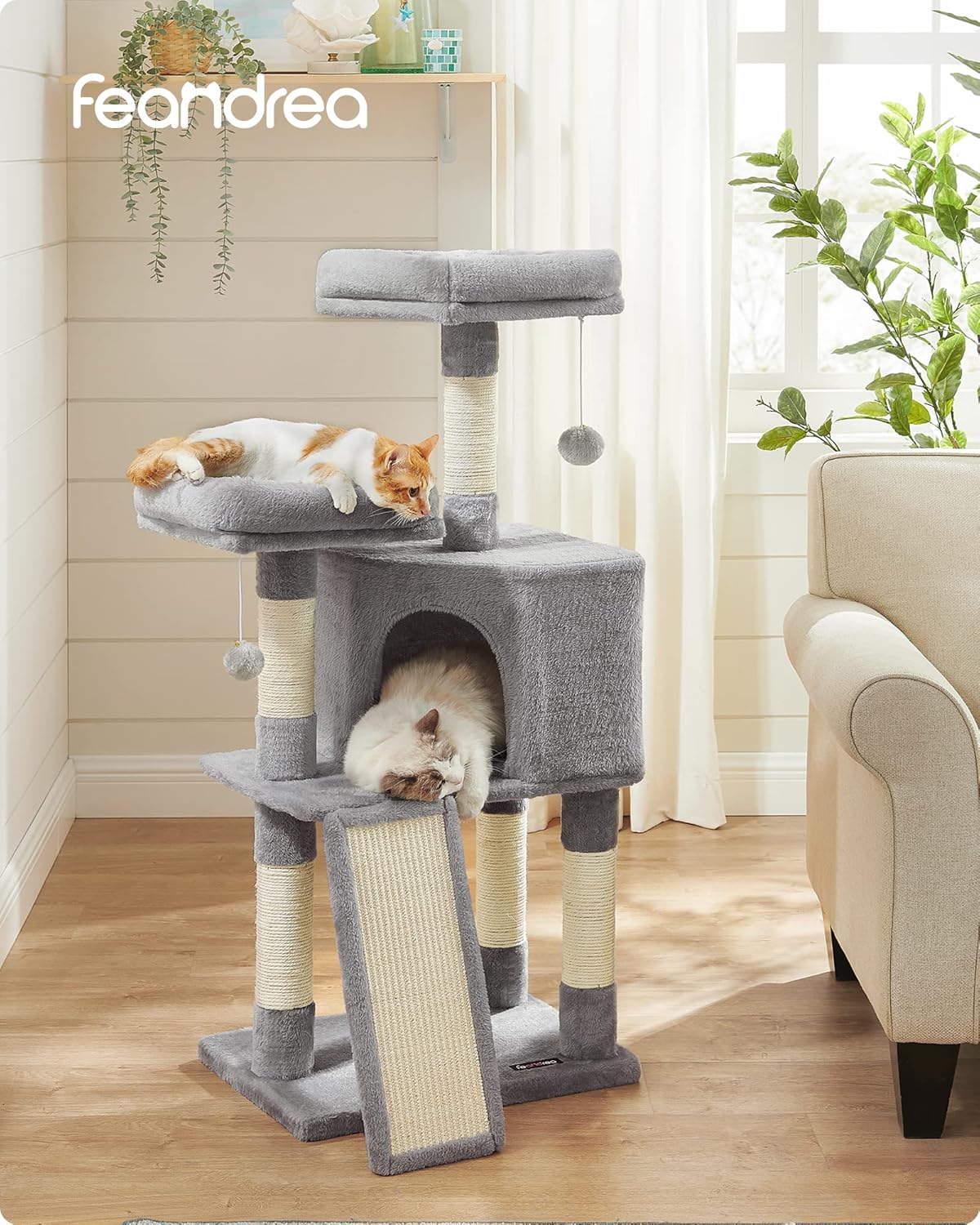 Feandrea Cat Tower Scratching Post Condo Plush Grey Play Towers & Trees NEW