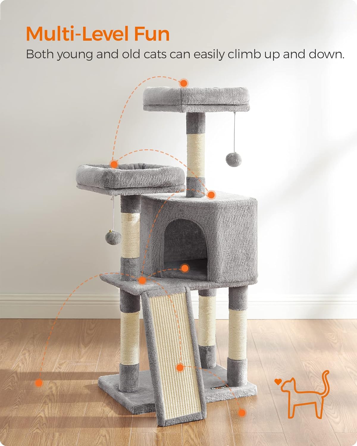 Feandrea Cat Tower Scratching Post Condo Plush Grey Play Towers & Trees NEW