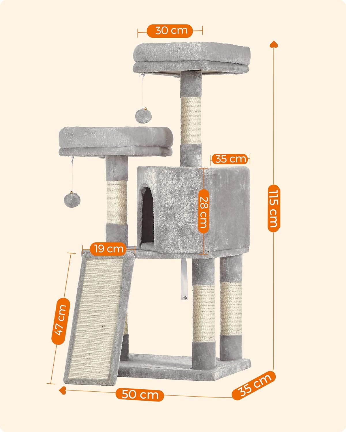Feandrea Cat Tower Scratching Post Condo Plush Grey Play Towers & Trees NEW