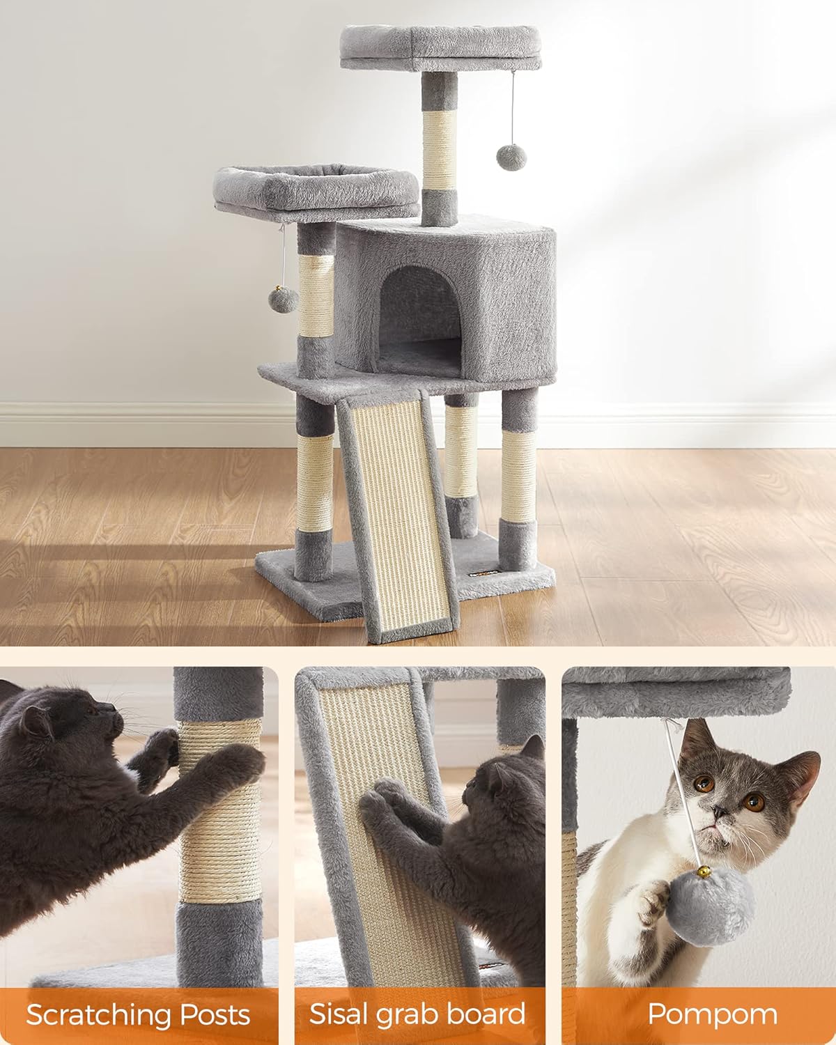Feandrea Cat Tower Scratching Post Condo Plush Grey Play Towers & Trees NEW