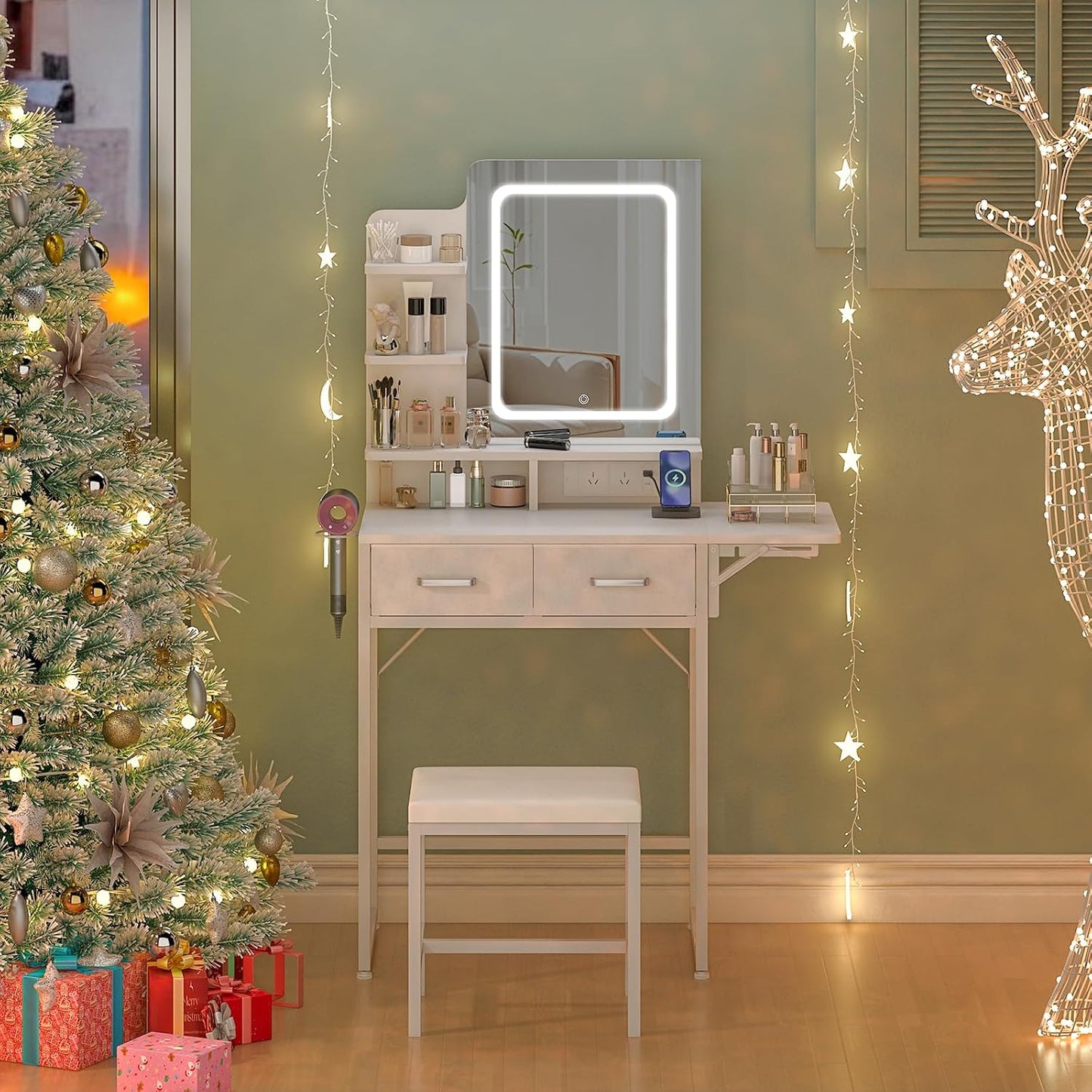 ADVWIN Dressing Dressing Tables Table with LED Lighted Mirror and Charging DEMO