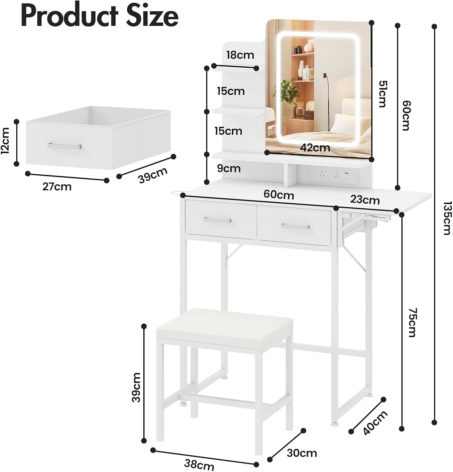 ADVWIN Dressing Dressing Tables Table with LED Lighted Mirror and Charging DEMO