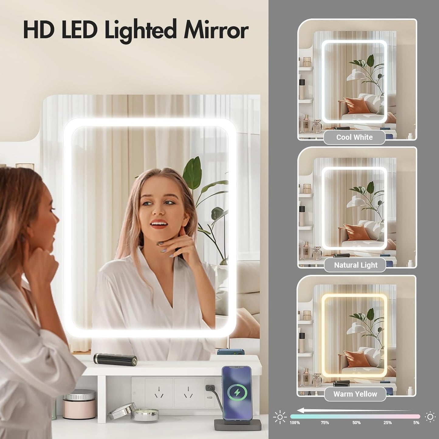 ADVWIN Dressing Dressing Tables Table with LED Lighted Mirror and Charging DEMO