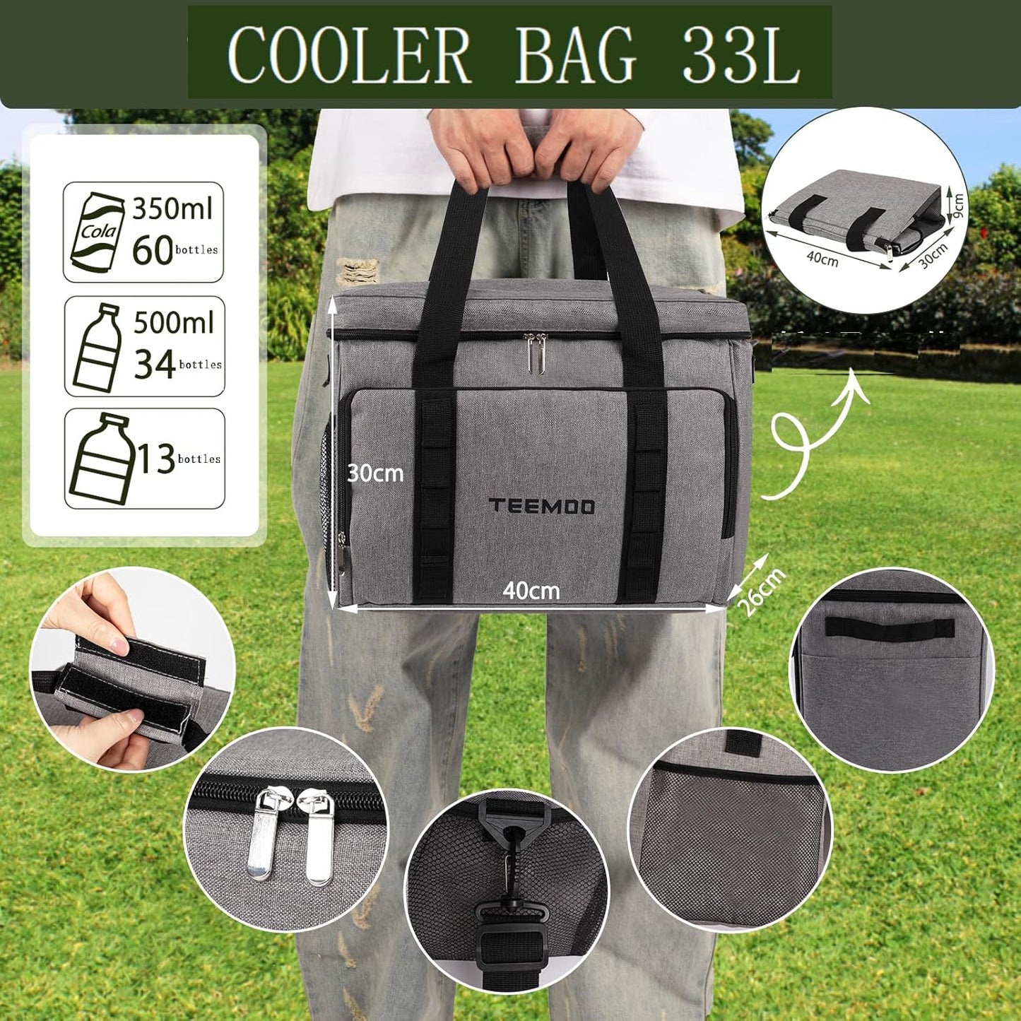 teemoo Large Soft Collapsible Cooler Bag 33L Leakproof, Portable, Grey NEW