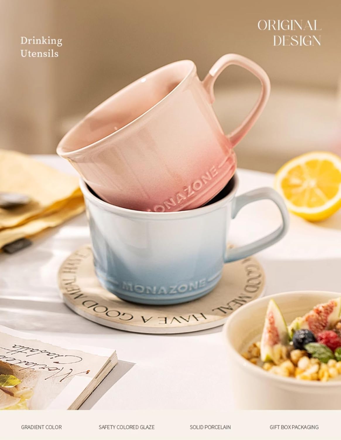 TREEWOO Large Ceramic Coffee Mug, 16.9 Oz Gradient Blue Durable Everyday Cup NEW