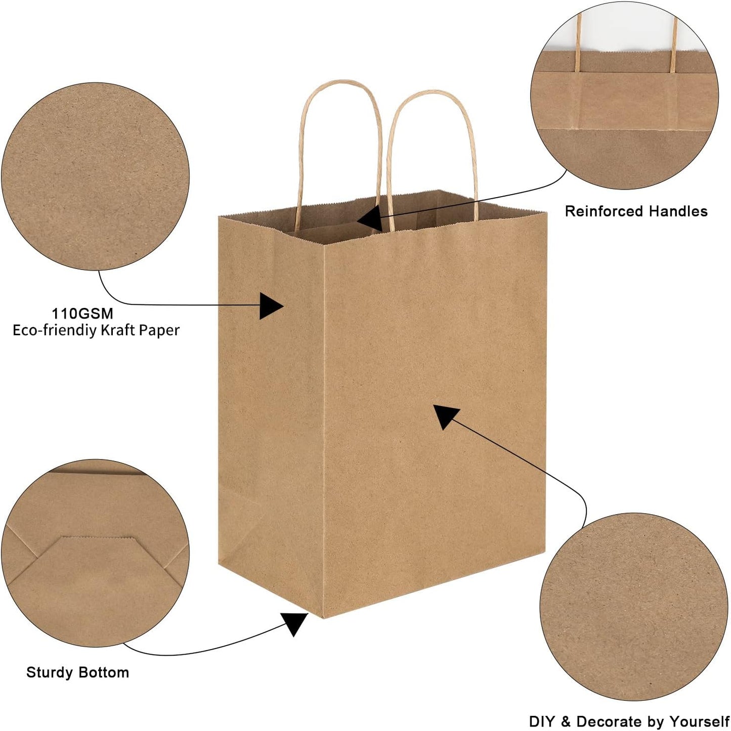 Toovip Plain Brown Kraft Paper Gift Bags with Handles, 1 Count (Pack of 90) NEW
