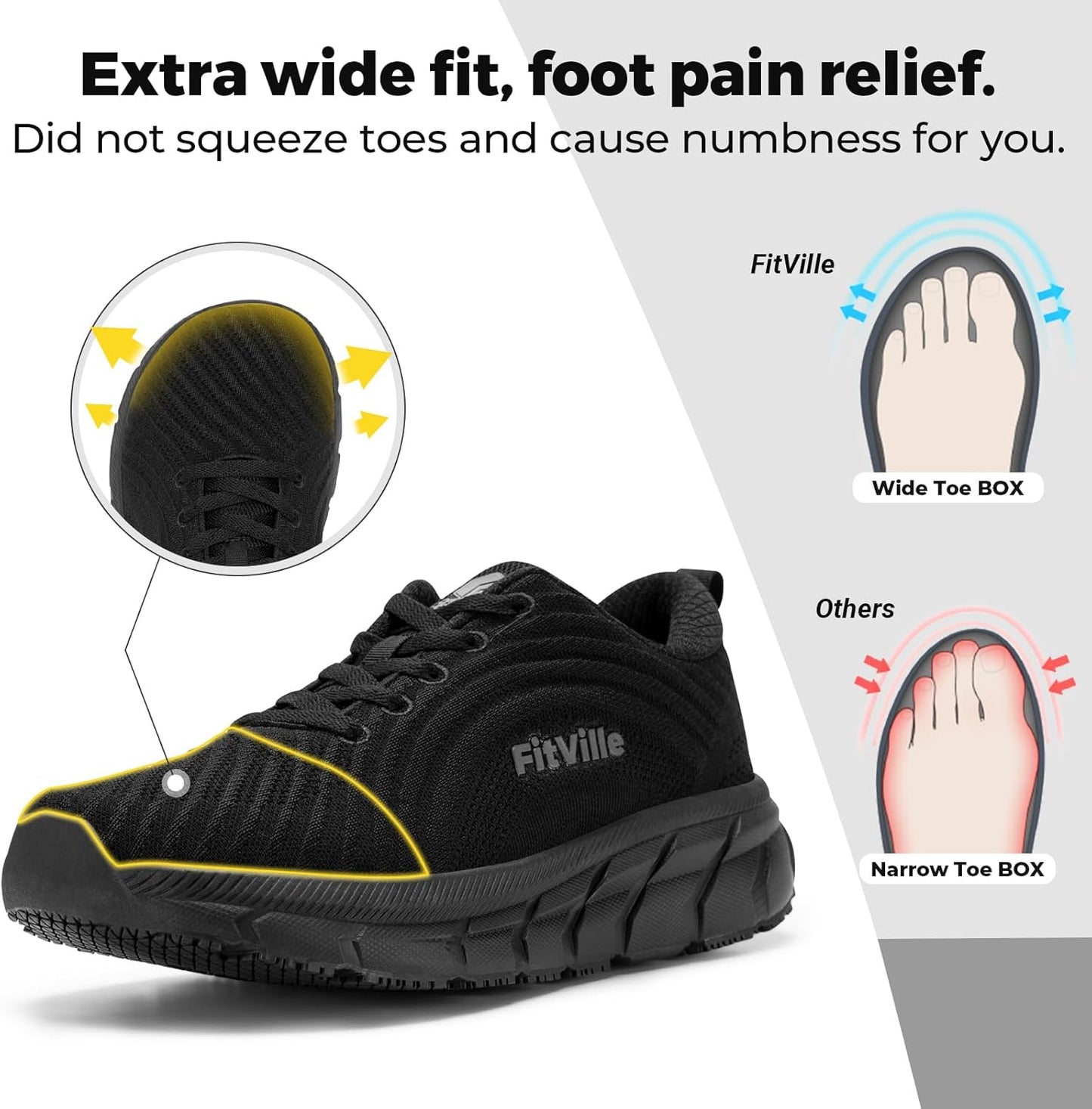 FitVille Lightweight Breathable Black Road Running Shoes Womens WIDE US 10 NEW