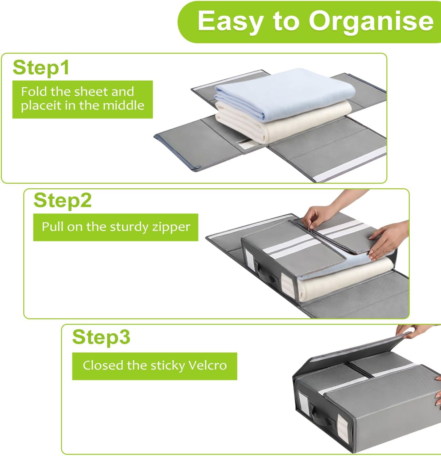 Heyolo 4Pk Foldable Bed Sheet Organizer & Storage Baskets in Grey for Home NEW