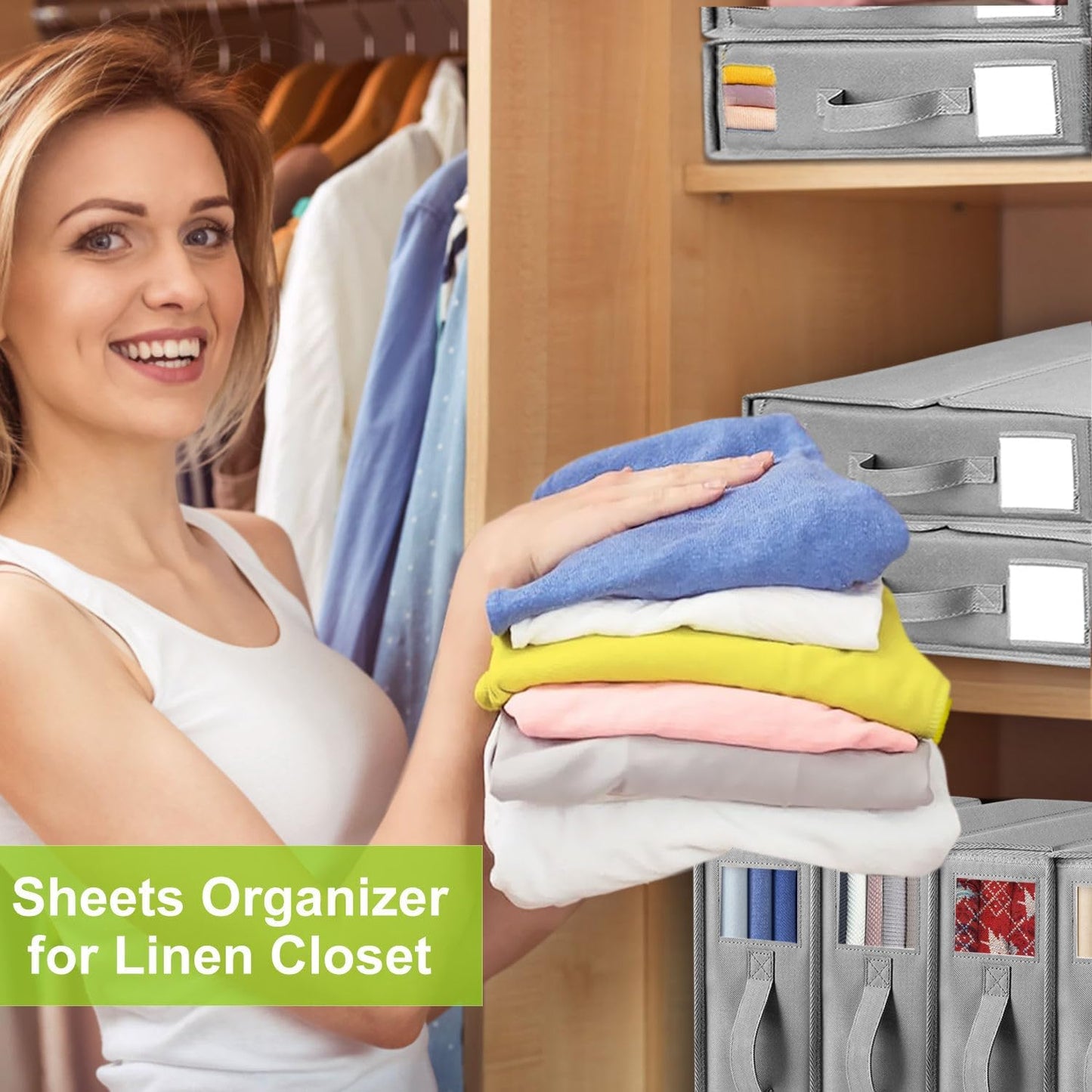 Heyolo 4Pk Foldable Bed Sheet Organizer & Storage Baskets in Grey for Home NEW