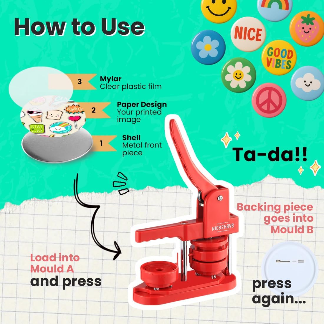 nice2have Button Maker Machine Single Mold Pin Kit Arts & Crafts 2.25 inch