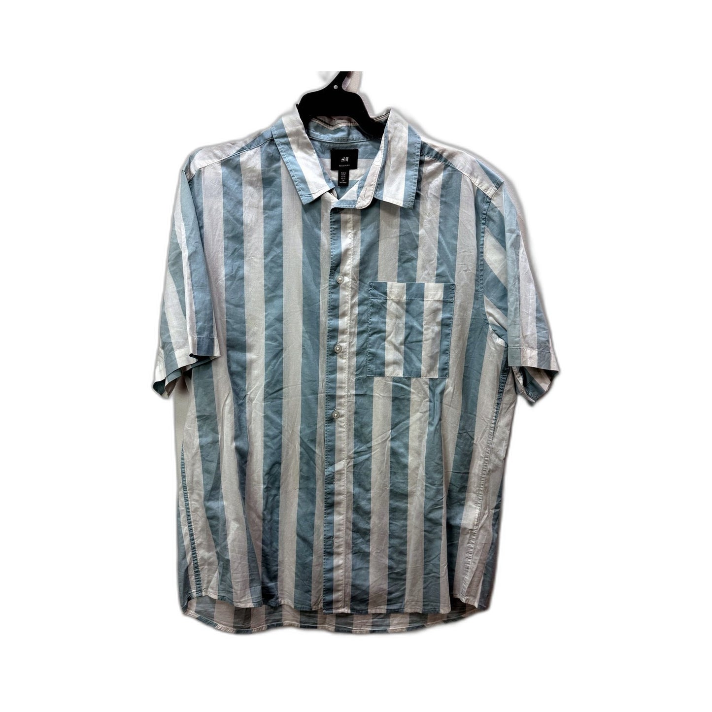 H&M Mens Button-Down Shirt Blue and White Striped Cotton Regular Fit Size M