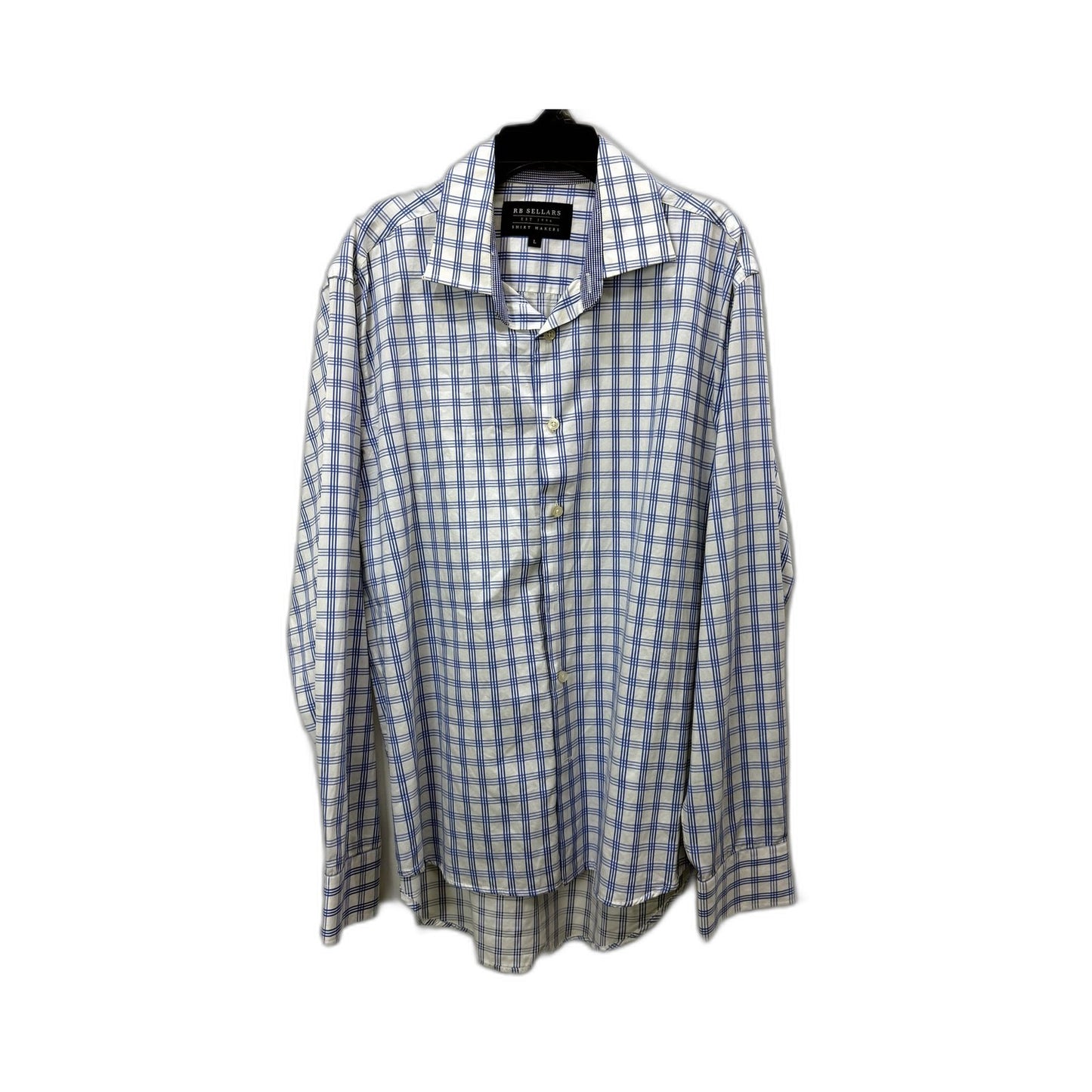 RB Sellars Mens Button-Down Plaid Shirt White and Blue Cotton Long Sleeve Size L