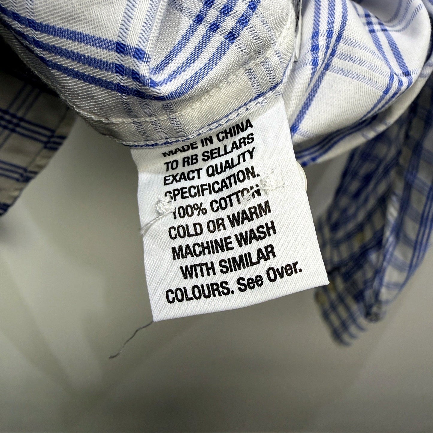 RB Sellars Mens Button-Down Plaid Shirt White and Blue Cotton Long Sleeve Size L