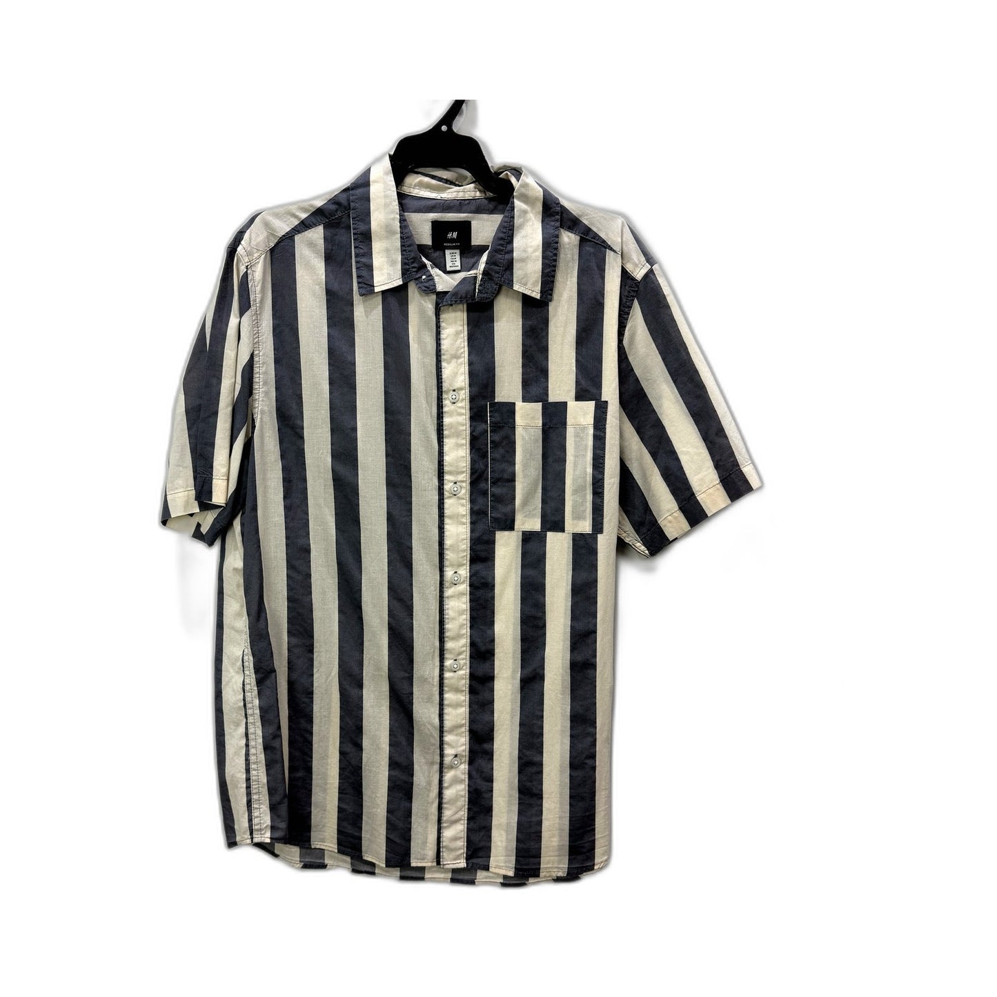 H&M Mens Navy and Gray Striped Button-Down Shirt, Regular Fit, Size M