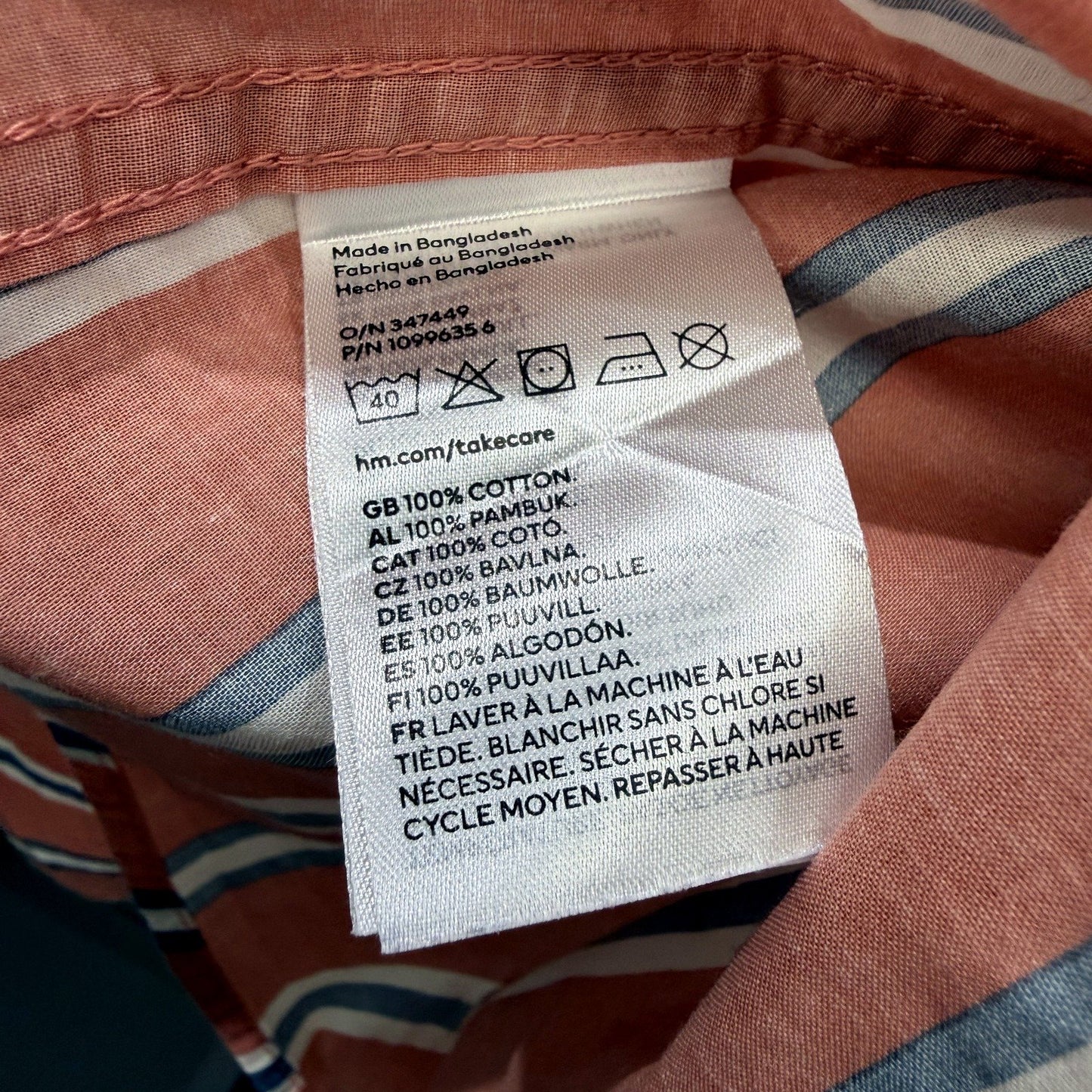 H&M Mens Button-Down Shirt Striped Peach and Navy Blue Cotton Regular Fit Size M