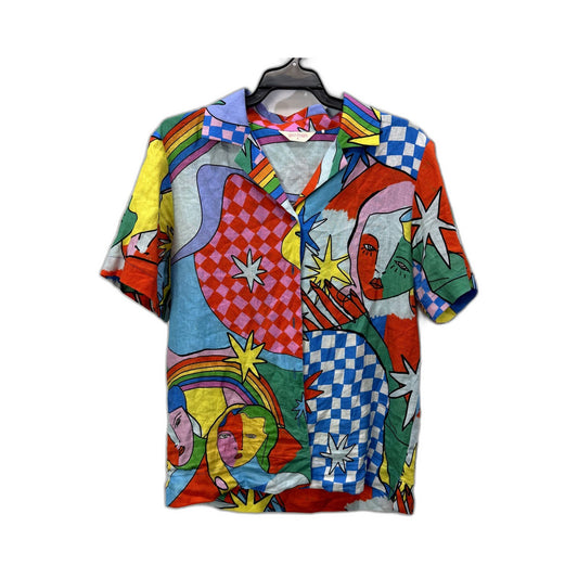 Gorman Womens Colorful Abstract Print Button-Down Linen Shirt, Size 6