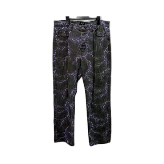 Black Lightning Print Jeans Mens with Purple Accent, Size 34L