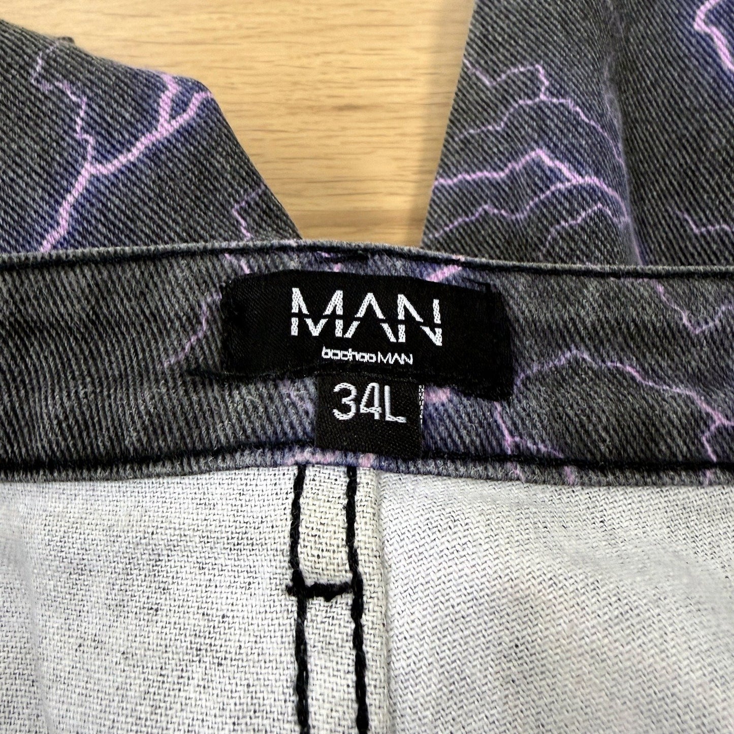 Black Lightning Print Jeans Mens with Purple Accent, Size 34L