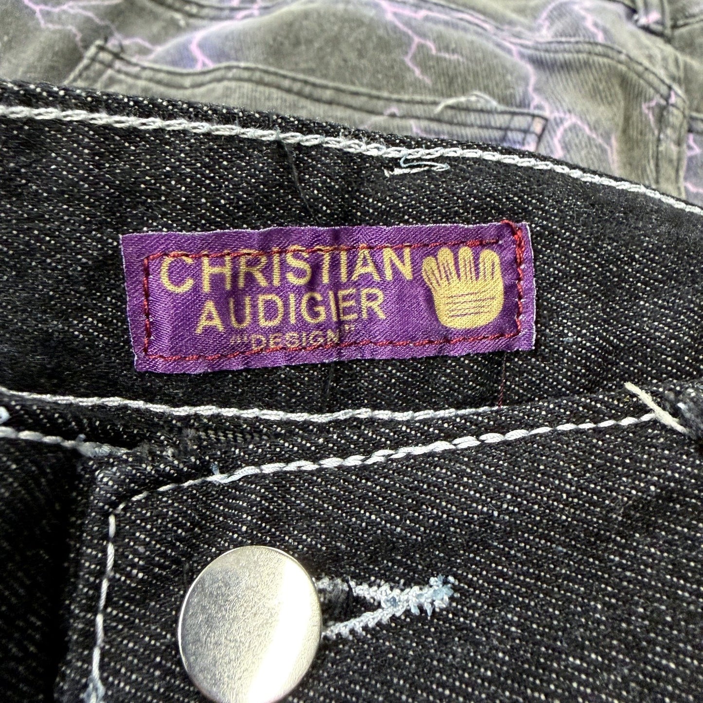 Christian Audigier Mens Black Denim Jeans Graphic Embellished Size 32L NEW