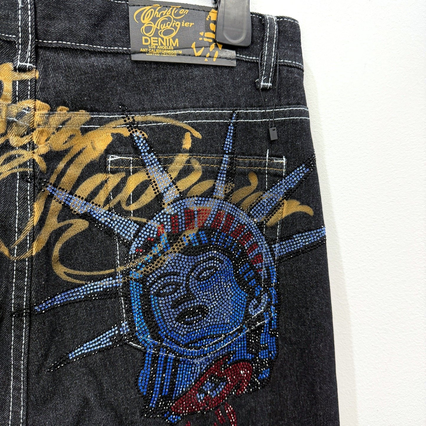 Christian Audigier Mens Black Denim Jeans Graphic Embellished Size 32L NEW